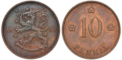 Финляндия 10 пенни 1938 KM 24 медь 51-3027