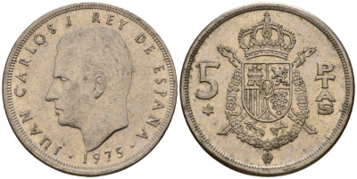 Испания 5 песет 1975 (79) Хуан Карлос I (1975-2014) KM 807 медно-никель 190-1152