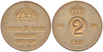 Швеция 2 эре 1965 U, Густав VI Адольф (1950-1973) КМ 821 бронза 77-516