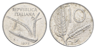 Италия 10 лир 1975 R, плуг, колосья KM 93 алюминий 4704-547