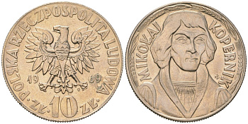 Польша 10 злотых 1969 MW, Николай Коперник Y 51a медно-никель UNC 4599-1144
