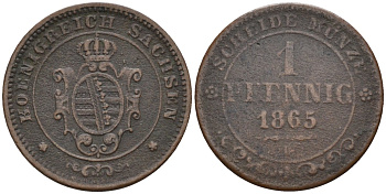 Саксония 1 пфенниг 1865 В, Johann (1854-1873) KM 1216, AKS 155, Jaeger 121 медь 4585-732