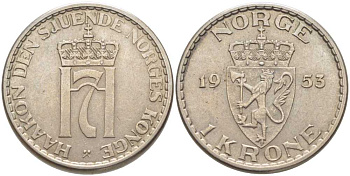 НОРВЕГИЯ 1 КРОНА 1953 ХОКОН VII (1905-1957) KM 397.2 медно-никель 119-937