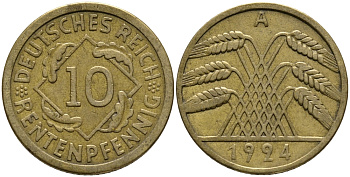 ГЕРМАНИЯ 10 РЕНТЕНПФЕННИГОВ 1924 А KM 33, J. 309, Weege 8 алюминиевая бронза 51-534