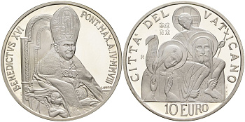 Ватикан 10 евро 2008 Бенедикт XVI, Всемирный день мира, в оригинальной коробке, с сертификатом KM 407 серебро PROOF 7-1-58