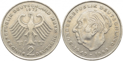 ФРГ 2 марки 1971 J, Теодор Хойс KM 127, J. 407 медно-никель плакированный никелем 3856-327
