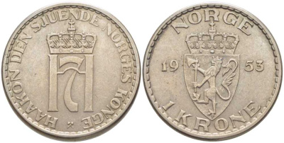 НОРВЕГИЯ 1 КРОНА 1953 ХОКОН VII (1905-1957) KM 397.2 медно-никель 119-937