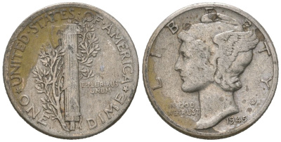 США 10 центов (дайм) 1945 KM 140 серебро 3309-727