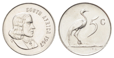 ЮАР 5 центов 1967 Ян ван Рибек (1619-1677), South Africa, легенда на англинском, райский журавль KM 67.1 медно-никель UNC 4696-948