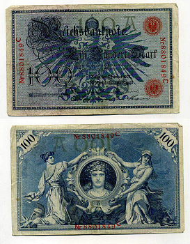 ГЕРМАНИЯ 100 МАРОК 1908 7 ФЕВРАЛЯ 1908, КРАСНАЯ ПЕЧАТЬ, ДЛИННА НОМЕРА СЕРИИ 29 ММ. Pick 33а бумага 2192-34-2