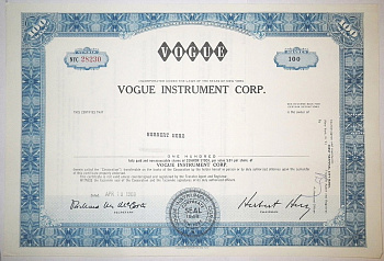 США, VOGUE INSTRUMENT CORP. 100 акций 1969 бумага 00-00