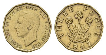 Великобритания 3 пенса 1942 Георг VI (1936-1952) KM 849, Spink 4112 никель латунь 4121-455