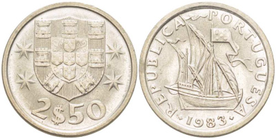 Португалия 2,5 эскудо 1983 парусник KM 590 медно-никель UNC 4513-1156