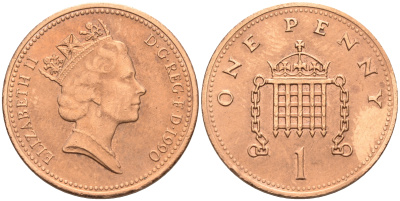 Великобритания 1 пенни 1990 Елизавета II (1952-2022) KM 935, Spink 4381 (B3) бронза 4588-548