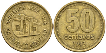 Аргентина 50 сентаво 1993 здание конгресса Тукумана, широкие буквы KM 111.2, CJ 5, Schon 112 алюминиевая бронза    60-445