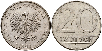 Польша 20 злотых 1990 MW KM 153.2, Parchimowicz 255b медно-никель 4187-747