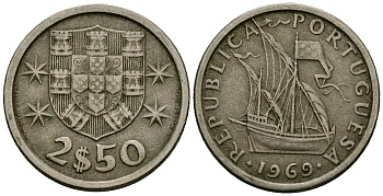 Португалия 2,5 эскудо 1969 KM 590 медно-никель 4167-115