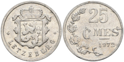 Люксембург 25 сантимов 1972 Герцог Жан (1964-1999) KM 45a алюминий 4596-844