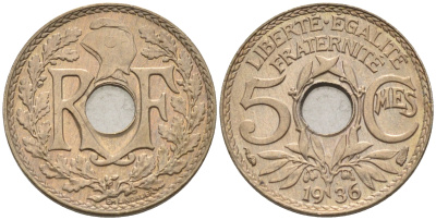 Франция 5 сантимов 1936 тип Линдайё KM 875 медно-никель    4594-1149