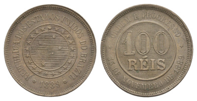 Бразилия 100 реалов (рейсов) 1889 KM 492 медно-никель aUNC 1519-1343