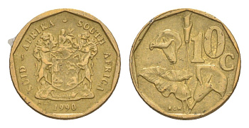 ЮАР 10 центов 1990 герб, цветок алоэ KM 135 сталь плакированная бронзой 4621-916