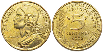 ФРАНЦИЯ 5 САНТИМОВ 1992 ТИП MARIANNE, 4 PILIS KM 933, LE FRANC 125.30 медь алюминий никель 116-459