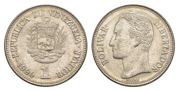 Венесуэла 1 боливар 1990 Симон Боливар, толстый шрифт Y 52a.2 сталь плакированная никелем 4591-914