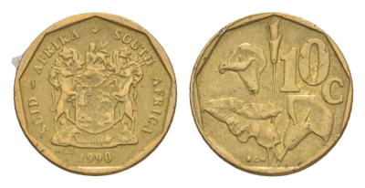 ЮАР 10 центов 1990 герб, цветок алоэ KM 135 сталь плакированная бронзой 4621-916