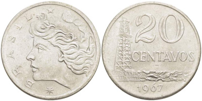 Бразилия 20 сентаво 1967 голова Свободы влево KM 579.1, Schon 84 медно-никель 4529-413