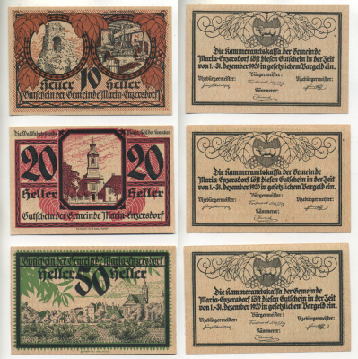 Австрия набор из 3 банкнот 1920 1 декабря 1920-31 декабря 1920, нотгельд, 10, 20, 50 геллеров, MARIA-ENZERSDORF   бумага  aUNC  7555-8-1-2