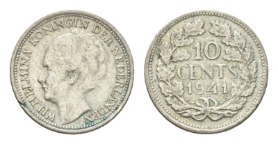 Нидерланды 10 центов 1941 Вильгельмина I (1890-1948) KM 163 серебро 4659-1166