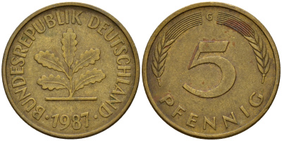 ФРГ 5 пфеннигов 1987 G J.382, KM 107 сталь плакированная латунью    4598-1054