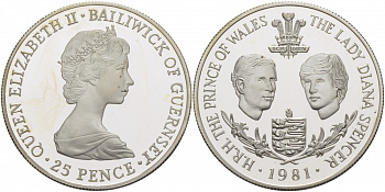 Гернси 25 пенсов 1981 свадьба принца Чарльза Уэльского и леди Дианы KM 36a серебро PROOF 11-176-44