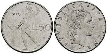 Италия 50 лир 1976 R, бог огня Вулкан у наковальни KM 95.1 нержавеющая сталь 4138-615