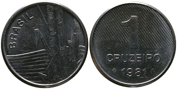 Бразилия 1 крузейро 1981 KM 590, Schon 99 нержавеющая сталь aUNC 4567-1013