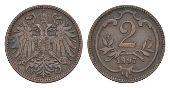 Австрия 2 геллера 1897 Франц Иосиф I (1848-1916) KM 2801 бронза 4639-1012