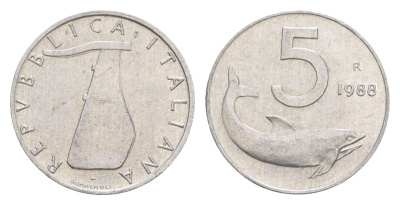 Италия 5 лир 1988 R, плуг, дельфин KM 92 алюминий 4547-1035