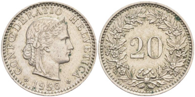 ШВЕЙЦАРИЯ 20 РАППЕНОВ 1956 В KM 29a медно-никель 55-737