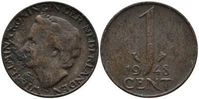 Нидерланды 1 цент 1948 Вильгельмина (1890-1948), год тип KM 175 бронза 3458-244