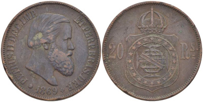Бразилия 20 рейсов 1869 Педро II (1831-1889) KM 474 бронза 4529-442