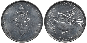 Ватикан 100 лир 1972 голубь, папа Павел VI (1963-1978) KM 122 нержавеющая сталь UNC 4579-644