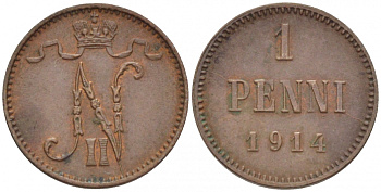 Россия для Финляндии 1 пенни 1914 Николай II (1894-1917) KM 13, Биткин 474 медь 4396-1428