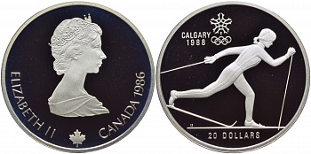 Канада 20 долларов 1986 XV зимние Олимпийские игры в Калгари 1988 года, лыжница KM 150 серебро PROOF 04-102-35