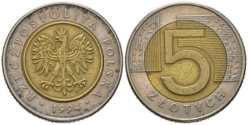 Польша 5 злотых 1994 MW Y 284 биметалл 4620-413