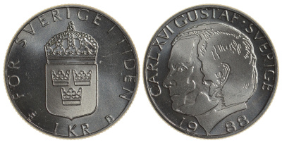 Швеция 1 крона 1988 Карл XVI Густав (1973- ) KM 852a медно-никель UNC 4179-1231