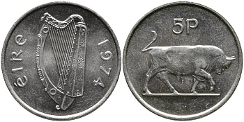 ИРЛАНДИЯ 5 ПЕНСОВ 1974 БЫК KM 22 медно-никель 4525-1132