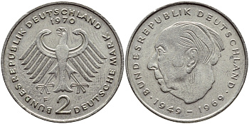 ФРГ 2 марки 1970 F, Теодор Хойс KM A127, J. 407 медно-никель плакированный никелем 4606-1157