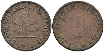 ФРГ 1 ПФЕННИГ 1950 G KM 105, J.380 сталь плакированная медью 75-414