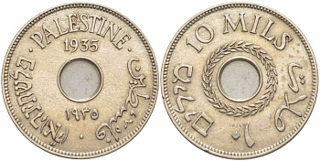 Израиль, Палестина 10 милсов 1935 Британская администрация, редкий год KM 4 медно-никель 4185-1222