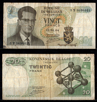 Бельгия 20 франков 1964 Pick 138 (3) бумага 7221-50-3-2